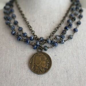 Coin Pendant Necklace with Blue Beads